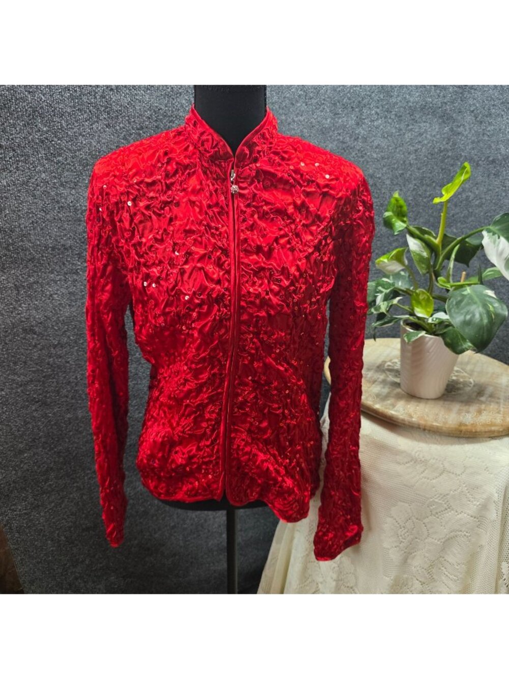 Scarlett Nite Vibrant Jacket S Red Sequin Popcorn Full Zip Y2K Glam Party Gala